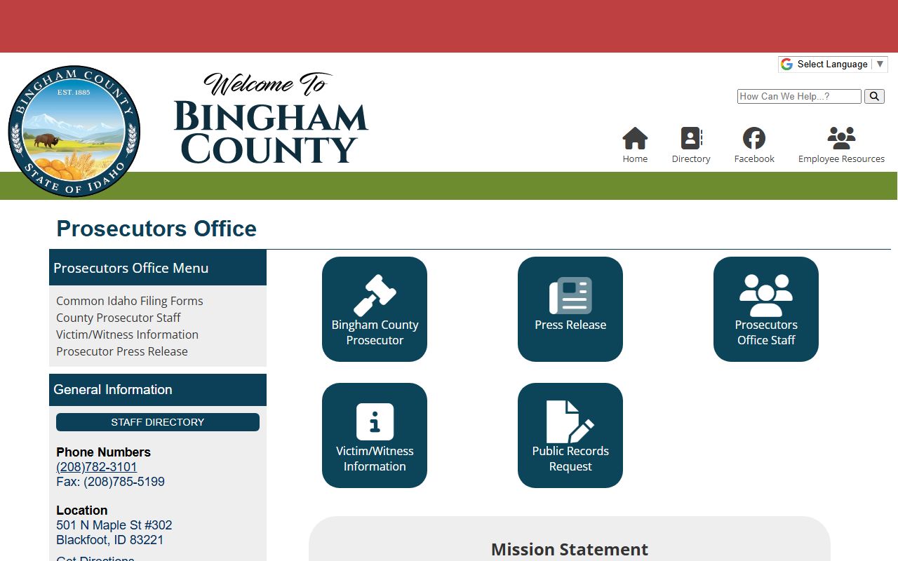 Bingham County Prosecutor office page showing office mission contact block and records link
