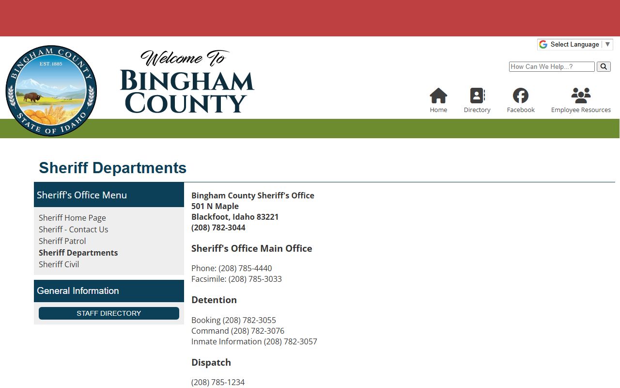 Bingham County Sheriff departments contact list with detention booking command inmate information dispatch and records phone numbers