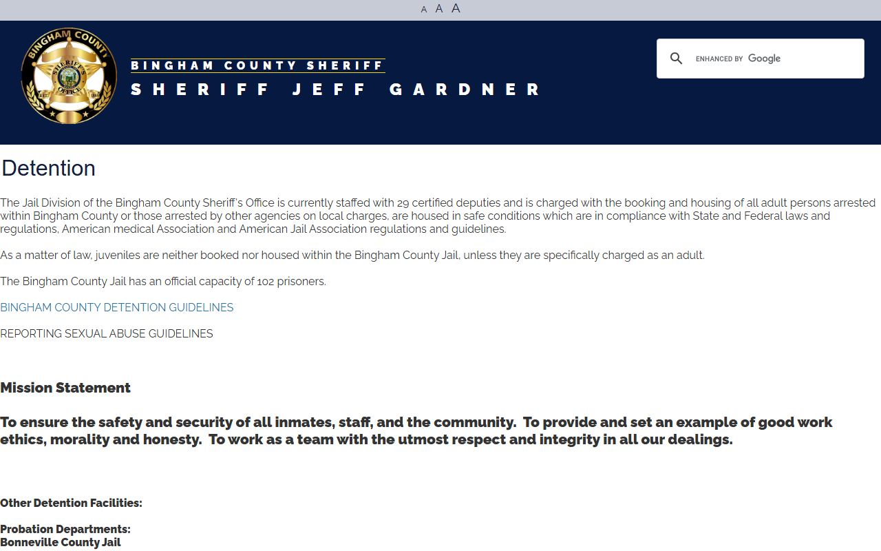 Bingham County Sheriff detention page showing jail capacity staffing mission and detention context
