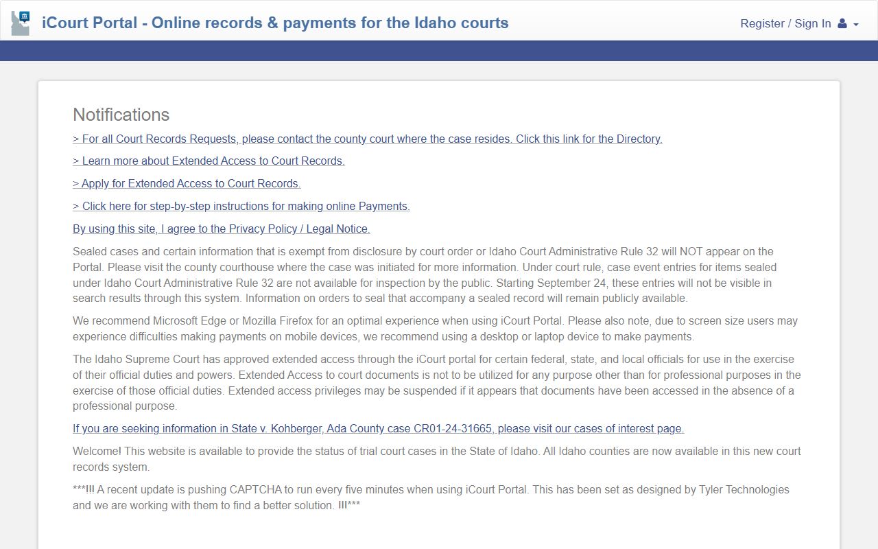 Idaho iCourt portal entry point for criminal case and charge lookup