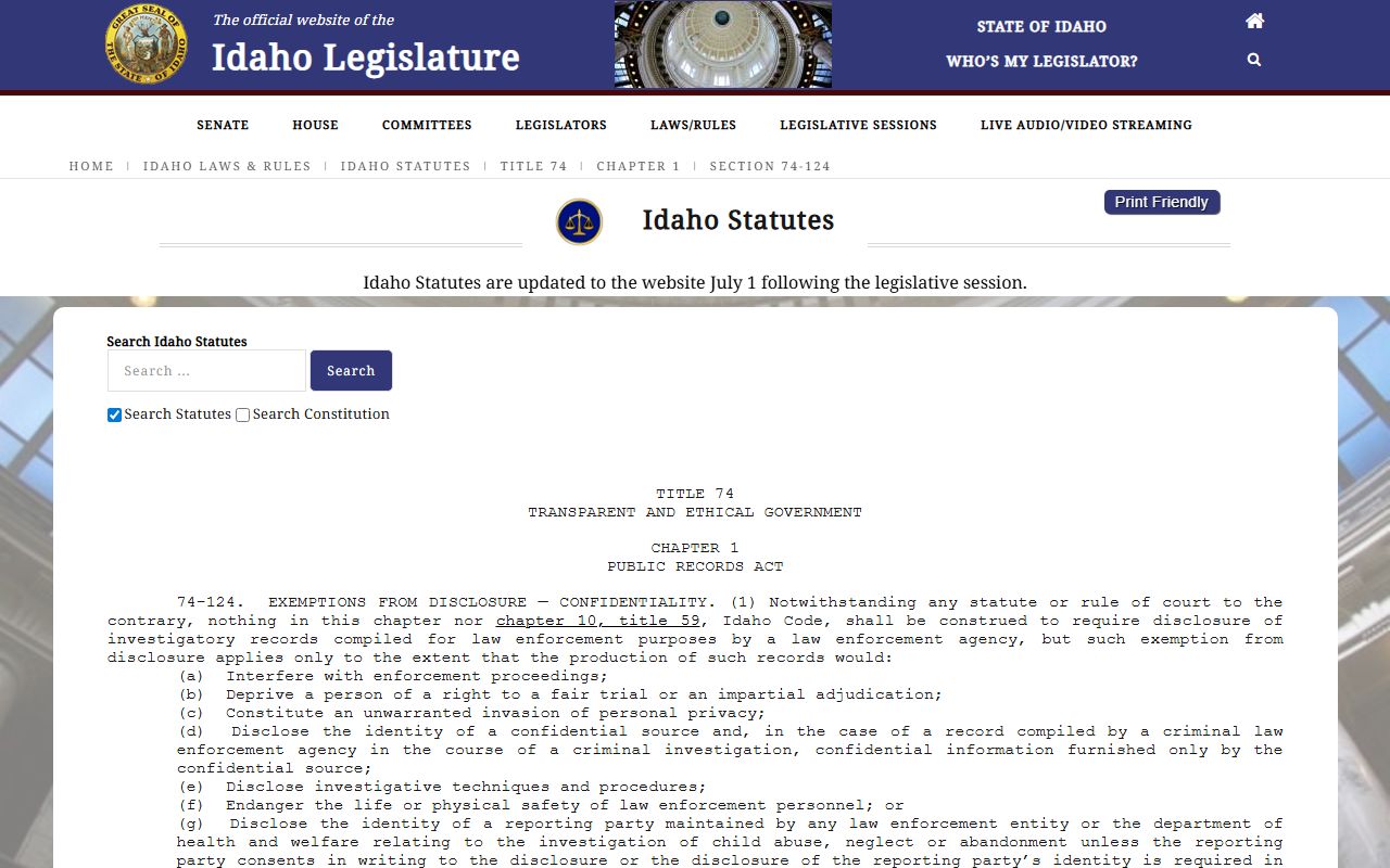Idaho Code section 74-124 law enforcement investigatory records exemption and arrest information carveouts