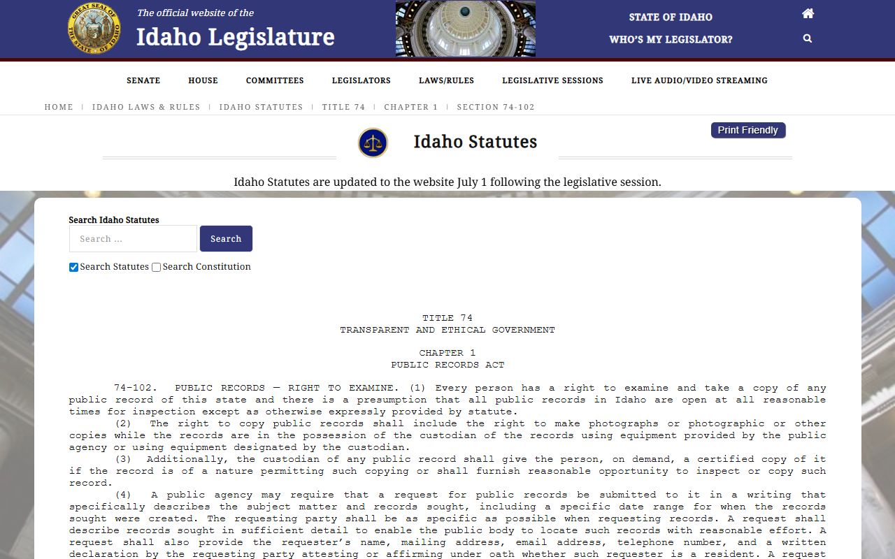Idaho Code section 74-102 public records right to examine and copy records