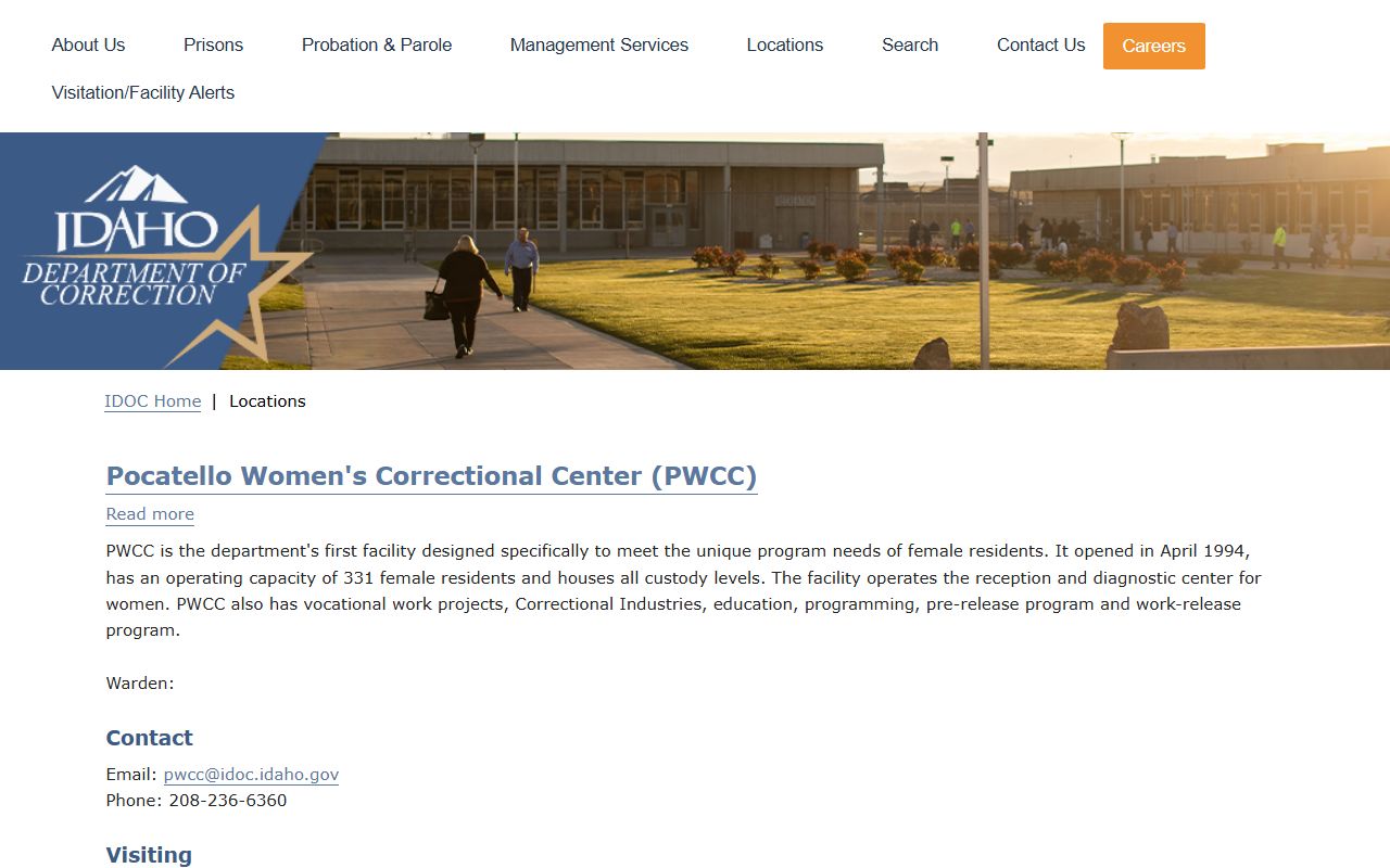 IDOC Pocatello Women's Correctional Center location detail showing capacity programs address phone and visiting links