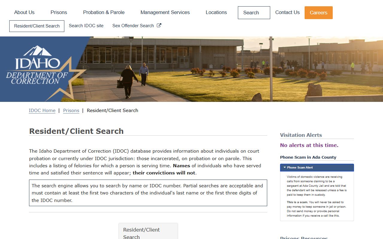 Idaho Department of Correction Resident Client Search form for state correctional custody lookup