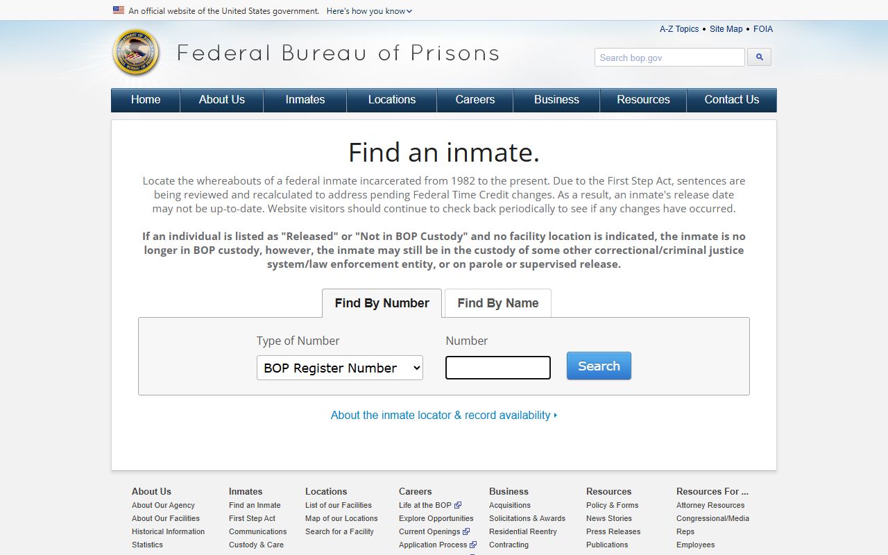 Federal Bureau of Prisons inmate locator showing number and name search options
